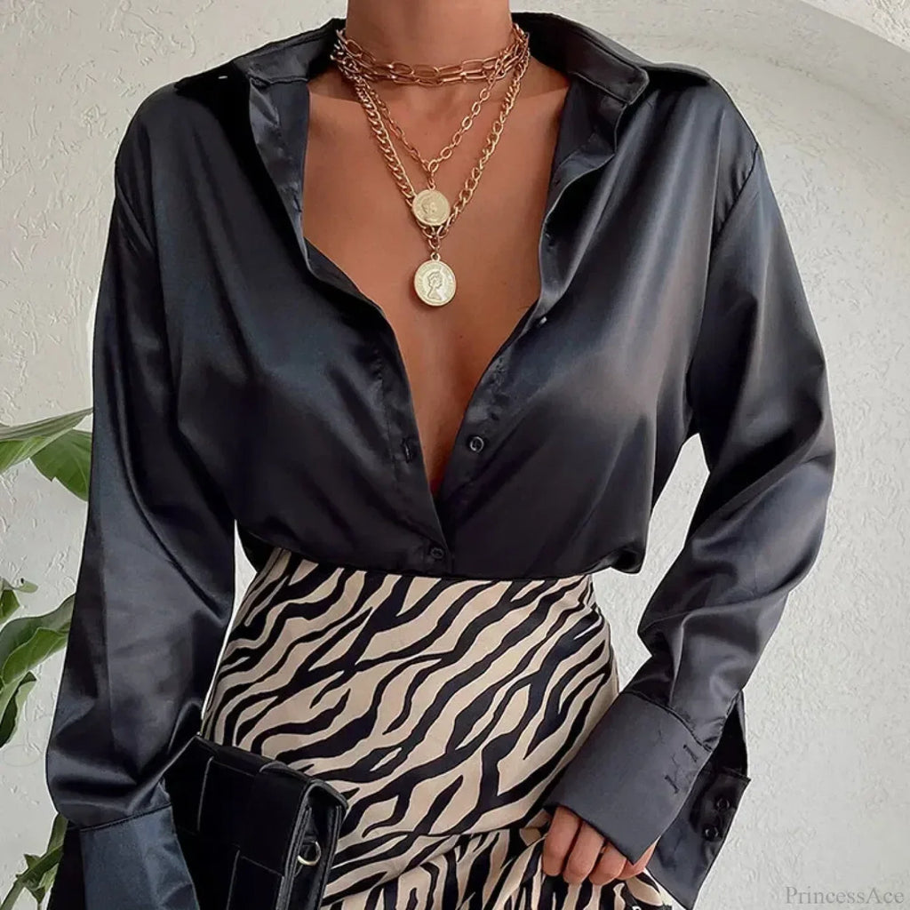 Satin Long Sleeve Vintage Blue Blouse