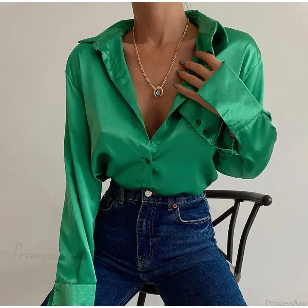 Satin Long Sleeve Vintage Blue Blouse