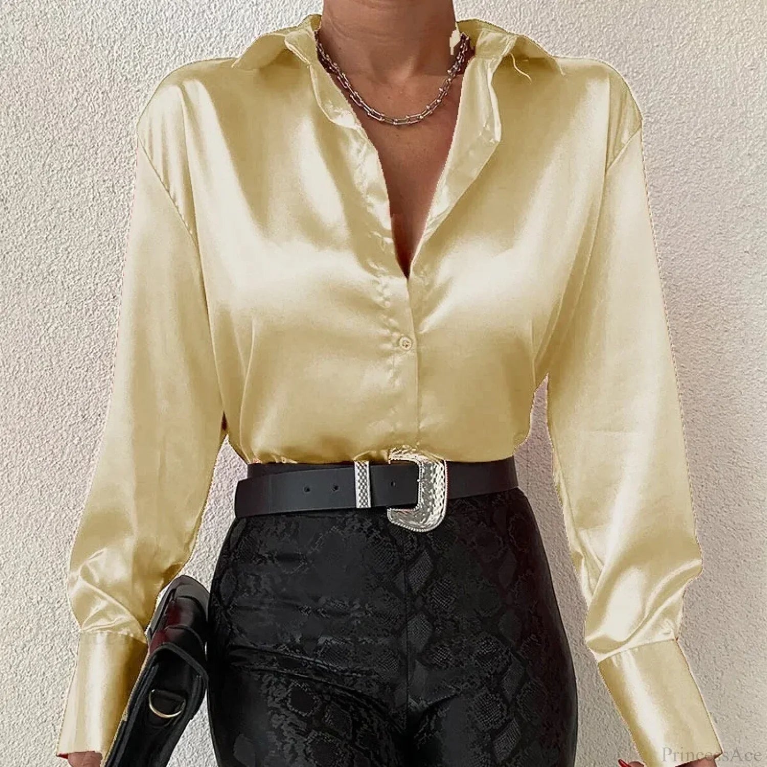 Satin Long Sleeve Vintage Blue Blouse