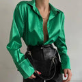 Satin Long Sleeve Vintage Blue Green Silk Button Blouse