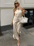 Apricot Satin Rosette Decor Halter Midi Dress