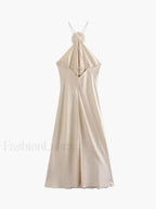 Apricot Satin Rosette Decor Halter Midi Dress