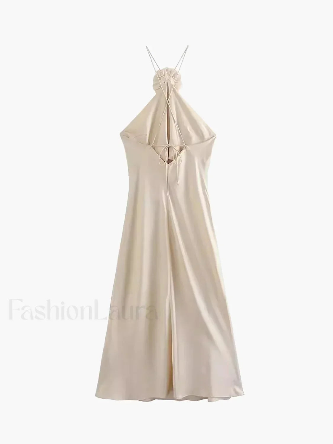 Apricot Satin Rosette Decor Halter Midi Dress