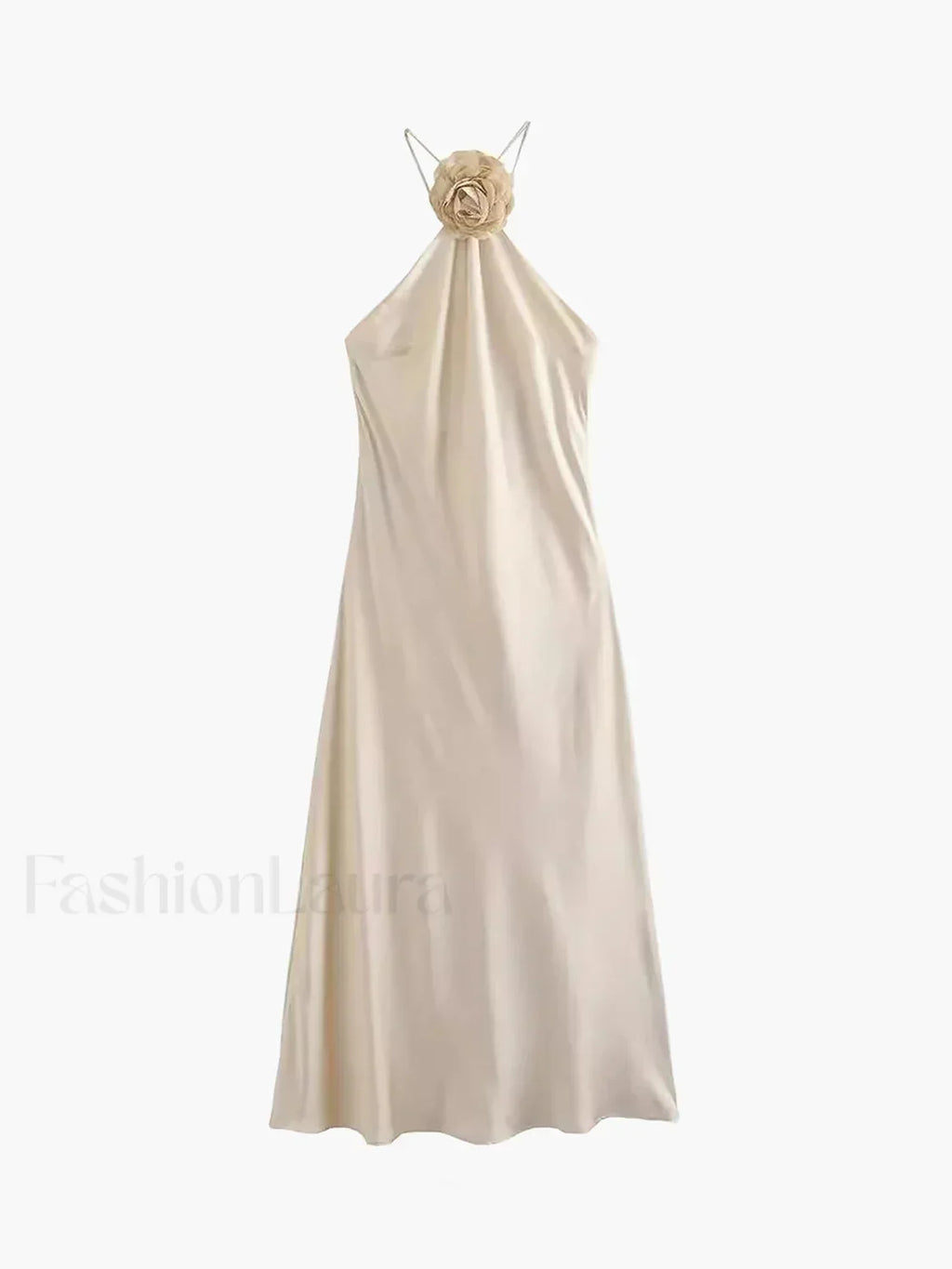 Apricot Satin Rosette Decor Halter Midi Dress