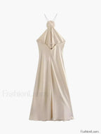 Apricot Satin Rosette Decor Halter Midi Dress