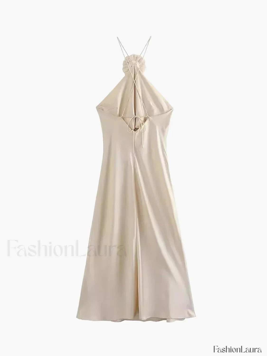 Apricot Satin Rosette Decor Halter Midi Dress
