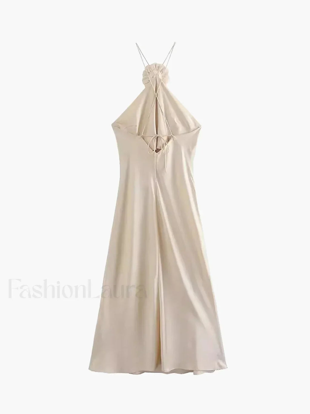 Apricot Satin Rosette Decor Halter Midi Dress