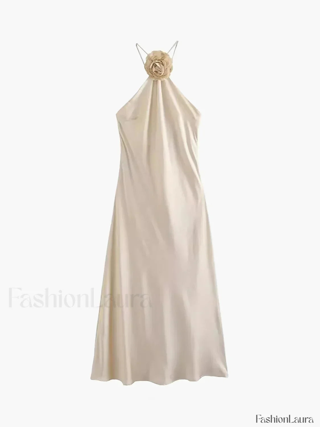 Apricot Satin Rosette Decor Halter Midi Dress