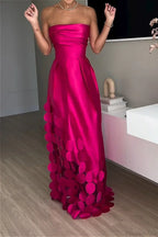 Satin Sequined Paneled Strapless High Waist Evening Dress