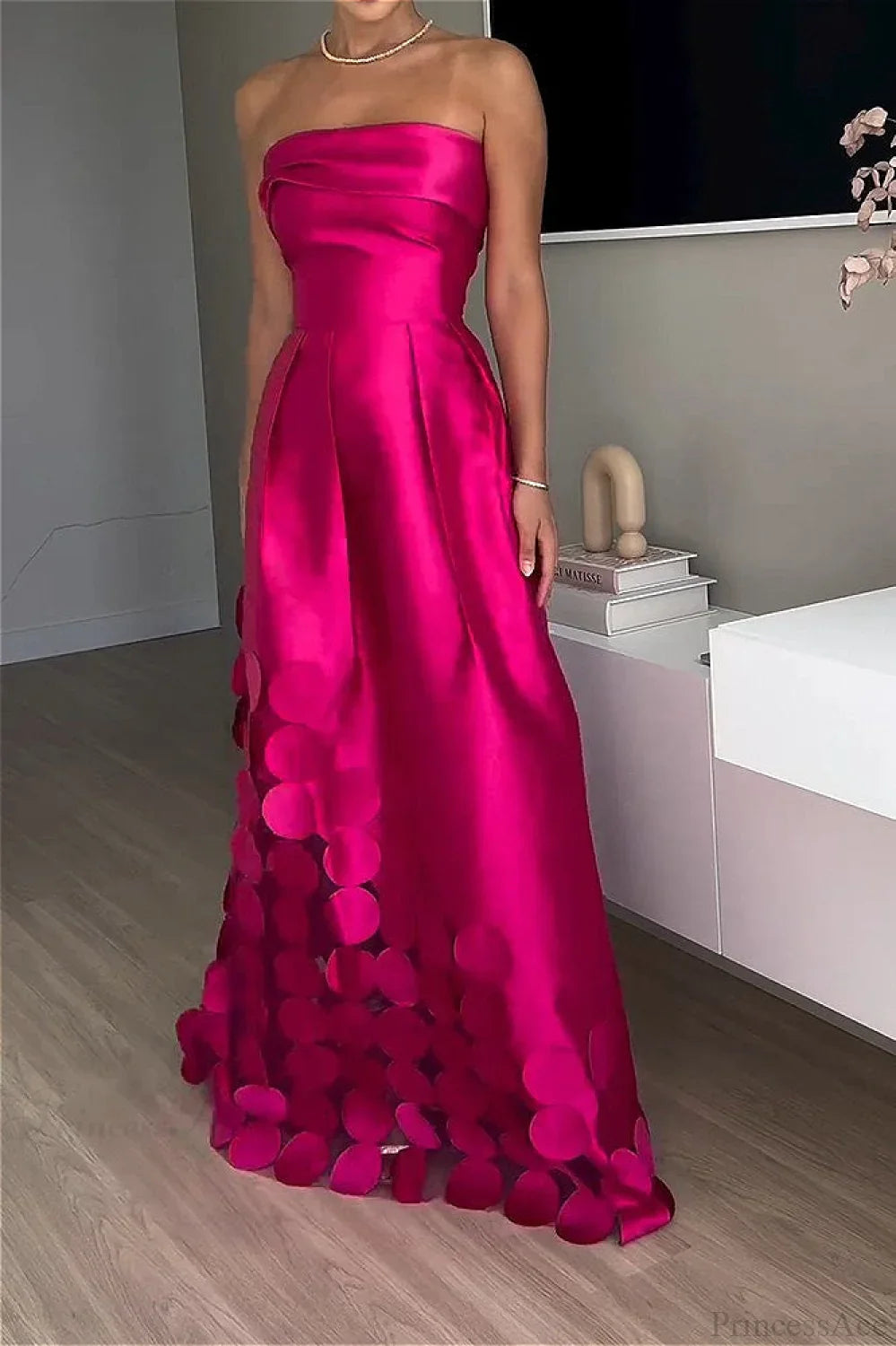 Satin Sequined Paneled Strapless High Waist Evening Dress