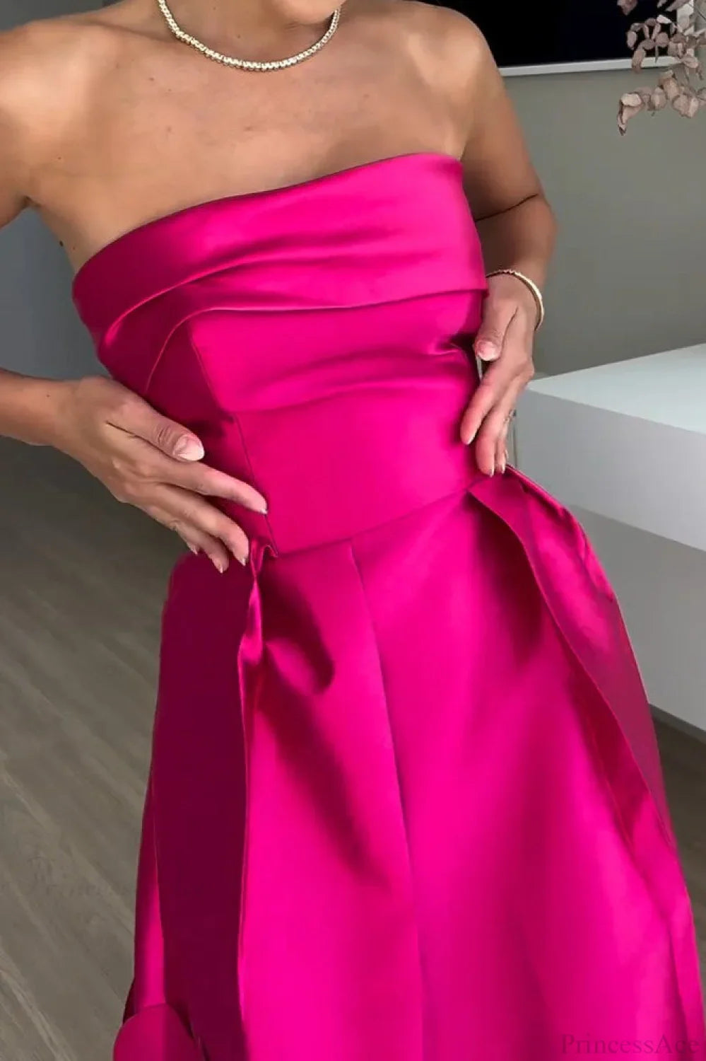 Satin Sequined Paneled Strapless High Waist Evening Dress