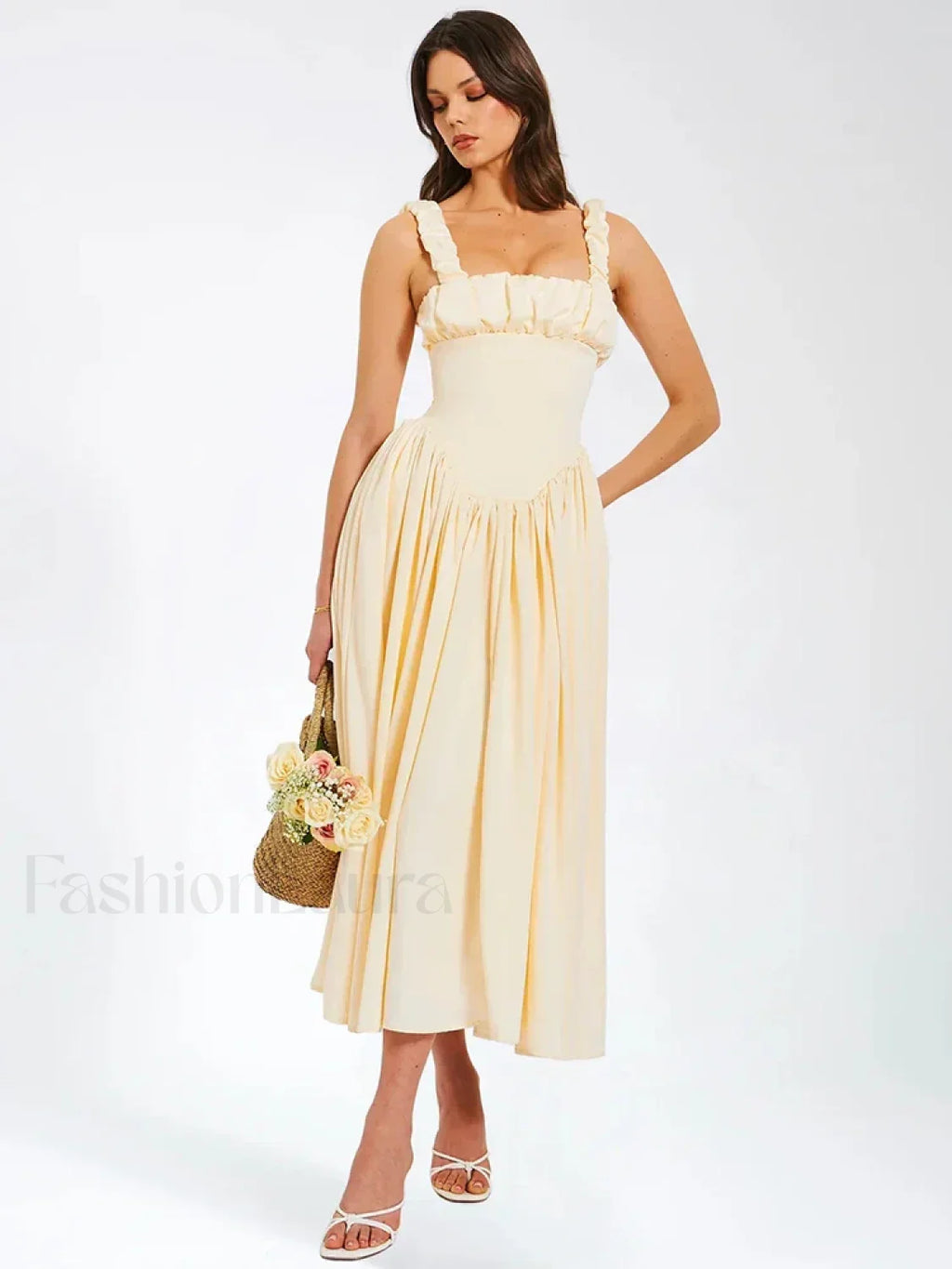 Satin Square-Collar Midi Dress