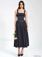 Satin Square-Collar Midi Dress