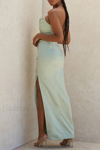 Satin Tube Top Halter Split Knee-length Maxi Dress