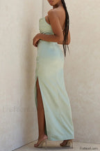 Satin Tube Top Halter Split Knee-length Maxi Dress