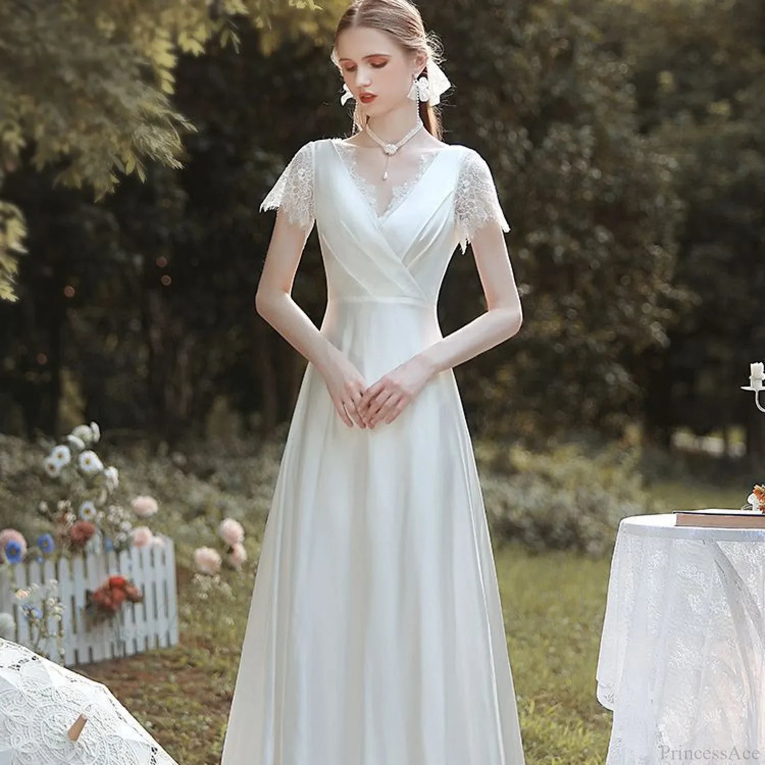 Satin V-Neck Lace Wedding Dress