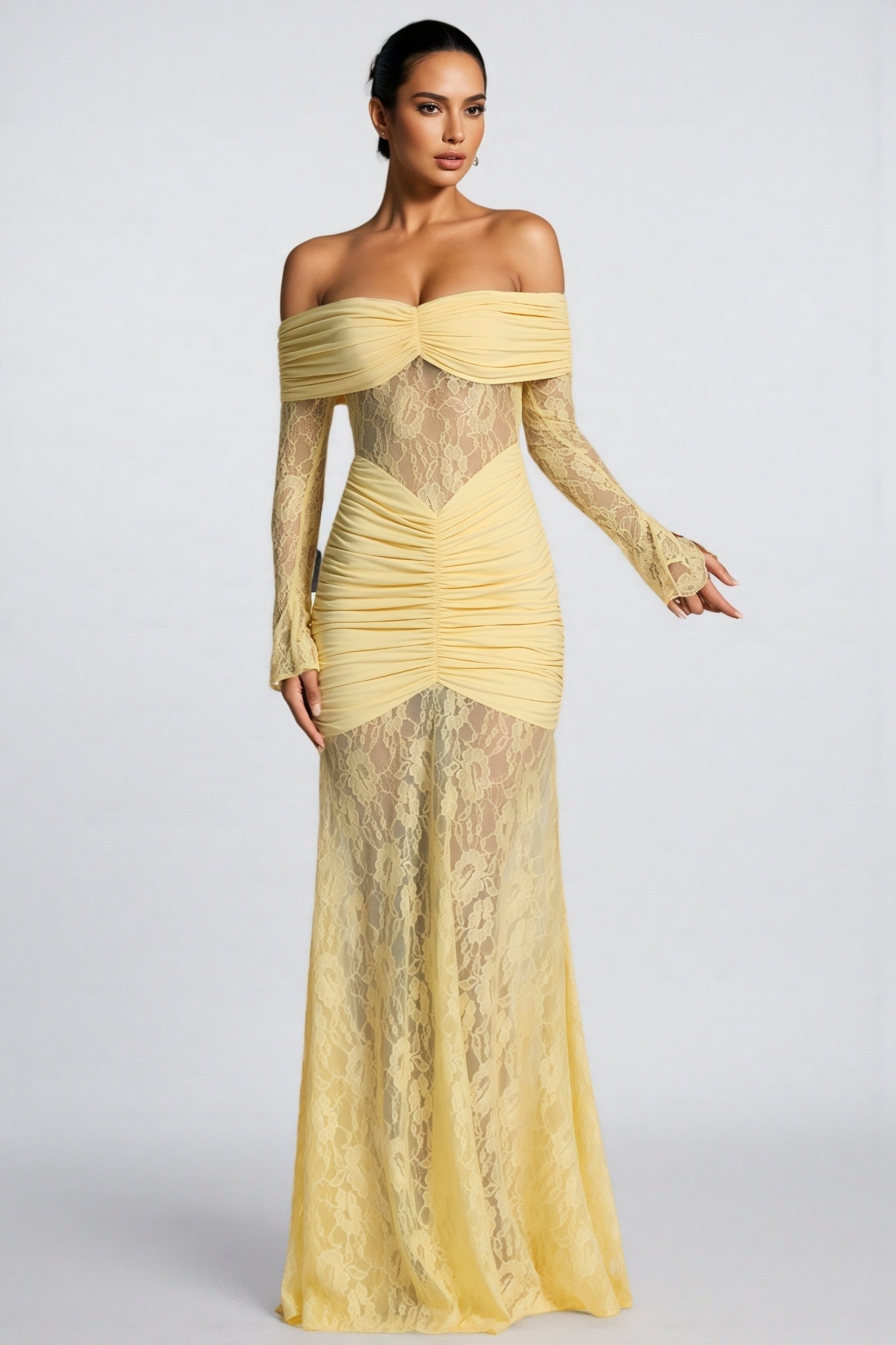 Jonilt Yellow Lace Cut-Out Fishtail Maxi Dress