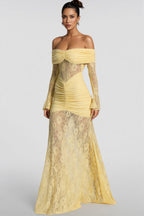 Jonilt Yellow Lace Cut-Out Fishtail Maxi Dress