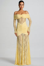 Jonilt Yellow Lace Cut-Out Fishtail Maxi Dress