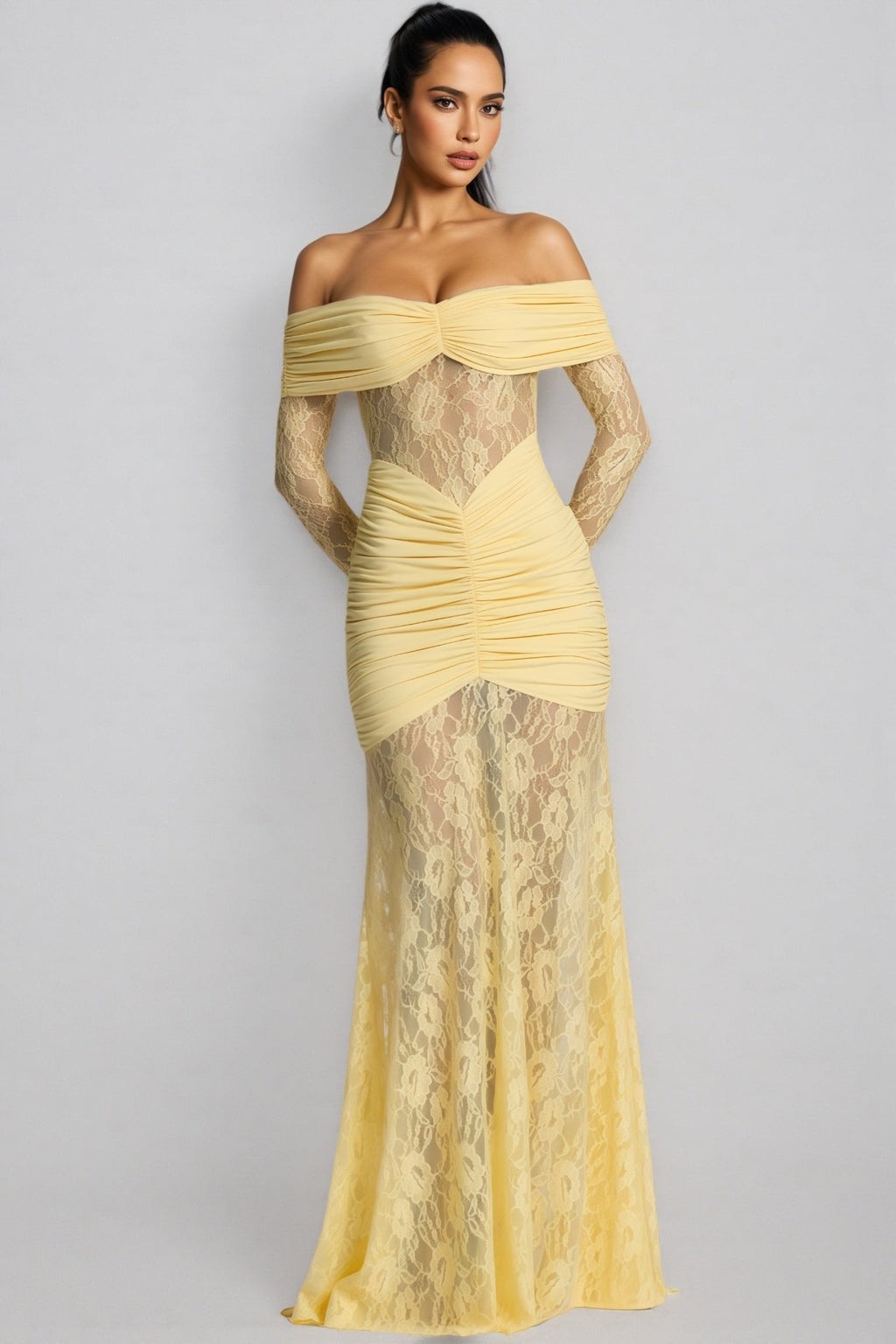 Jonilt Yellow Lace Cut-Out Fishtail Maxi Dress