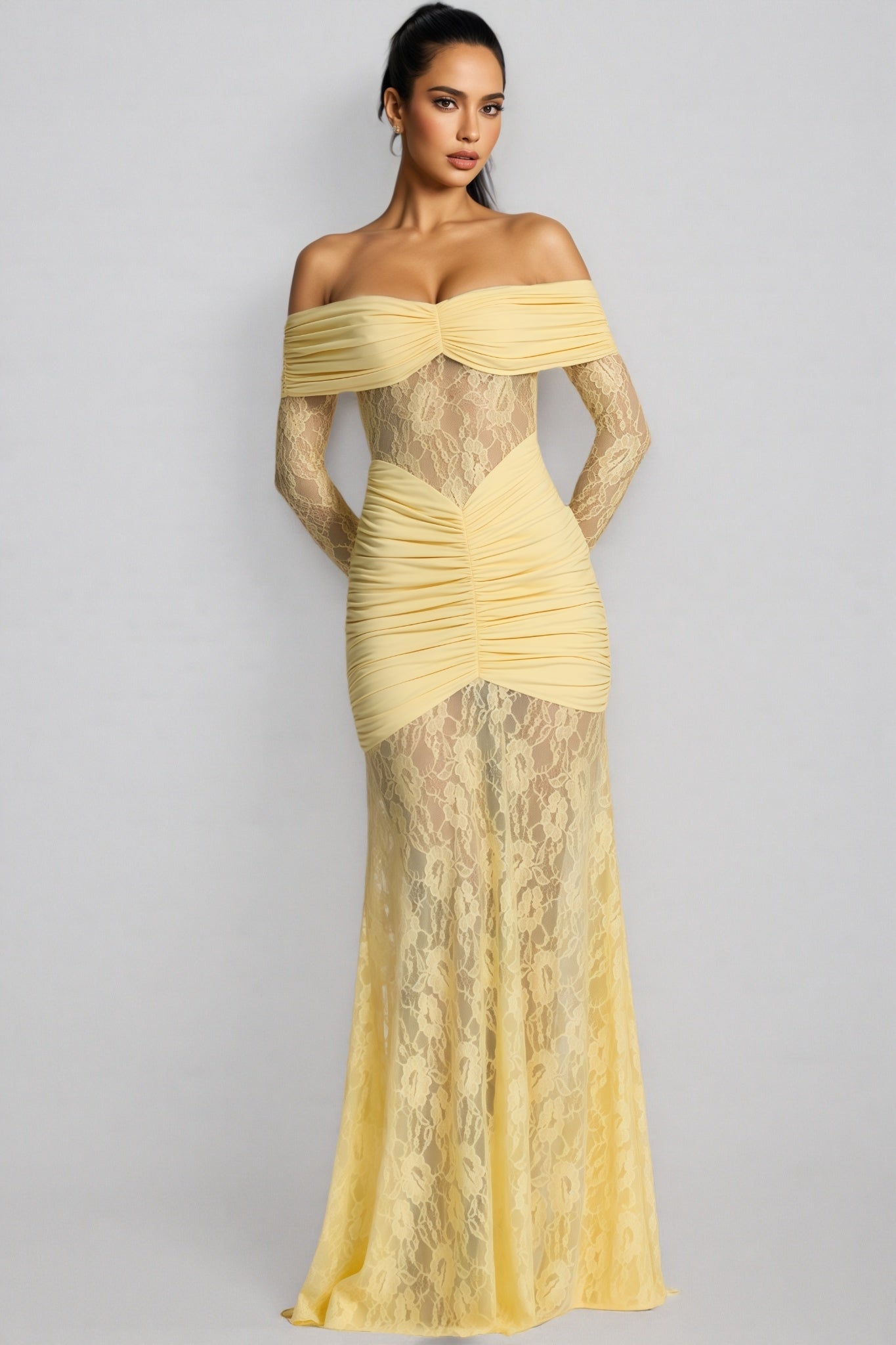 Jonilt Yellow Lace Cut-Out Fishtail Maxi Dress