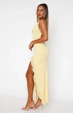 Halter Neck Keyhole Tie Front Ruffle Trim High Slit Bodycon Maxi Dress