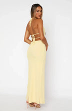 Halter Neck Keyhole Tie Front Ruffle Trim High Slit Bodycon Maxi Dress