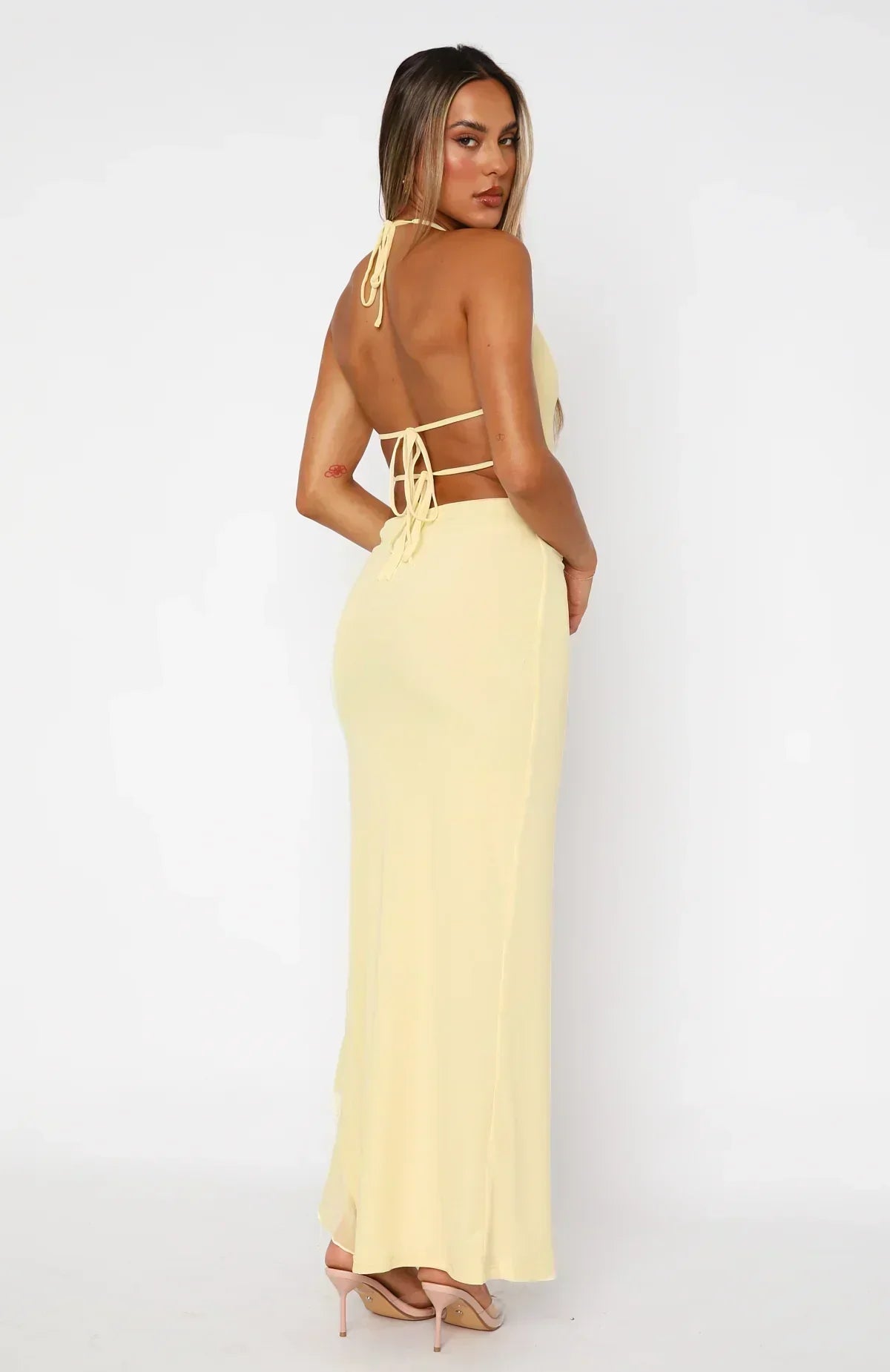 Halter Neck Keyhole Tie Front Ruffle Trim High Slit Bodycon Maxi Dress