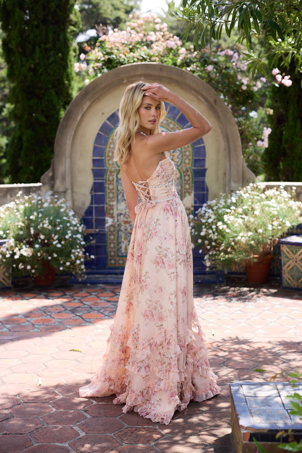 Halter Deep V Neck Pearl Trim Corset Bodice Tiered Ruffle Floral Maxi Gown