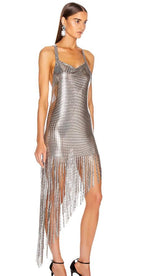 Sequin Mesh Spaghetti Strap Asymmetrical Fringe Bodycon Mini Dress