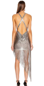 Sequin Mesh Spaghetti Strap Asymmetrical Fringe Bodycon Mini Dress