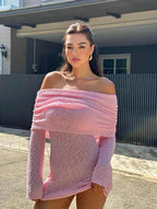 Off Shoulder Glitter Knit Bell Sleeve Bodycon Mini Dress