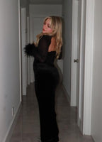 Mesh Mock Neck Cut Out Corset Bodice Faux Fur Cuff Bodycon Maxi Gown