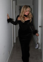 Mesh Mock Neck Cut Out Corset Bodice Faux Fur Cuff Bodycon Maxi Gown
