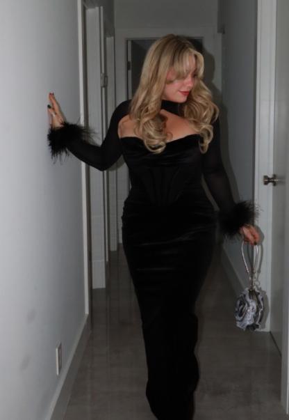 Mesh Mock Neck Cut Out Corset Bodice Faux Fur Cuff Bodycon Maxi Gown