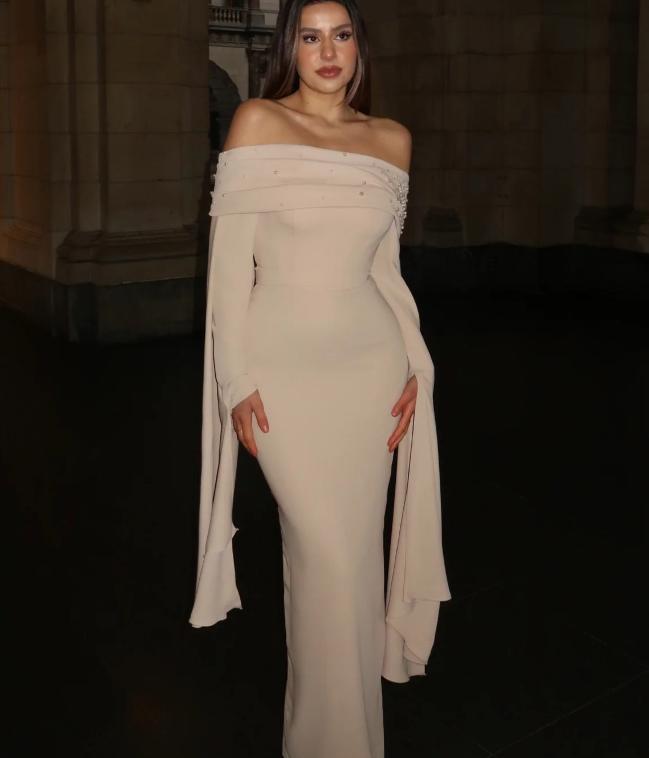 Off Shoulder Bell Cuff Slit Sleeve Ribbed Knit Bodycon Maxi Dress