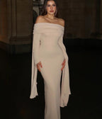 Off Shoulder Bell Cuff Slit Sleeve Ribbed Knit Bodycon Maxi Dress