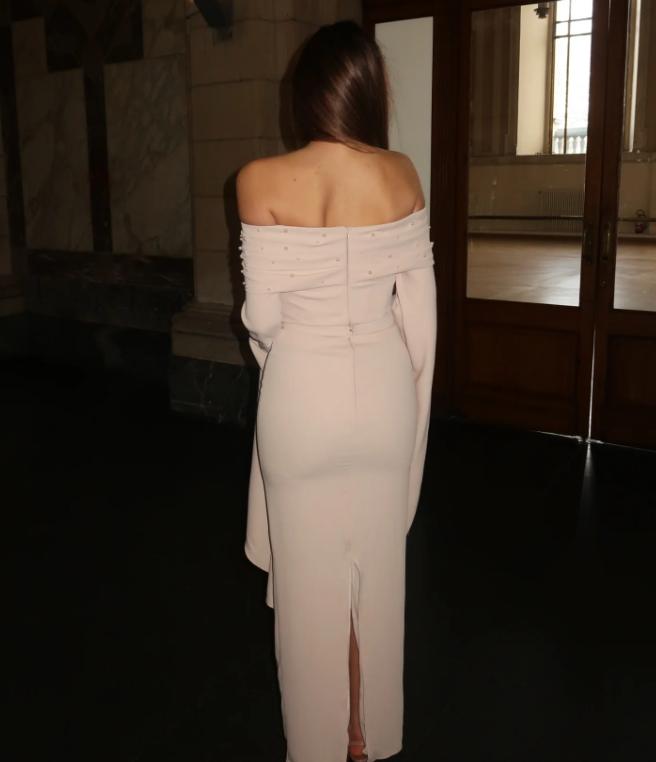 Off Shoulder Bell Cuff Slit Sleeve Ribbed Knit Bodycon Maxi Dress