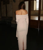 Off Shoulder Bell Cuff Slit Sleeve Ribbed Knit Bodycon Maxi Dress