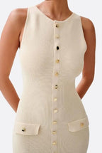 Ribbed Knit Button Front Contrast Trim Sleeveless Midi Dress