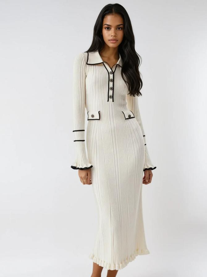 Rib Knit Polo Collar Button Front Contrast Trim Ruffle Cuff Midi Dress