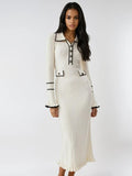Rib Knit Polo Collar Button Front Contrast Trim Ruffle Cuff Midi Dress