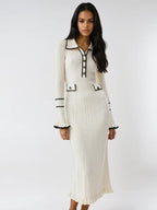 Rib Knit Polo Collar Button Front Contrast Trim Ruffle Cuff Midi Dress
