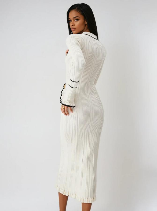 Rib Knit Polo Collar Button Front Contrast Trim Ruffle Cuff Midi Dress