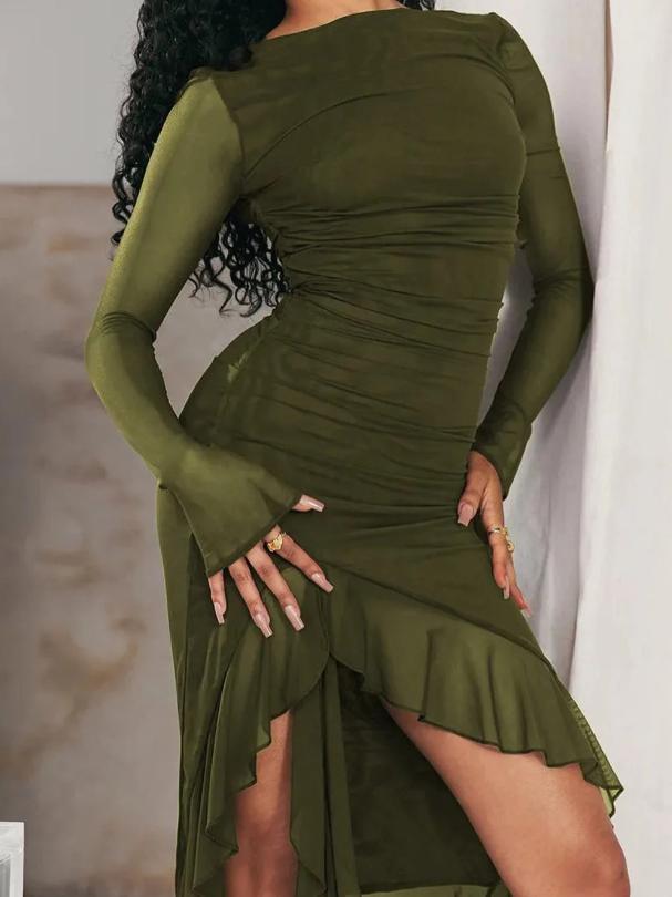 Mesh Ruched Long Sleeve Boat Neck Asymmetric Ruffle Hem Midi Dress
