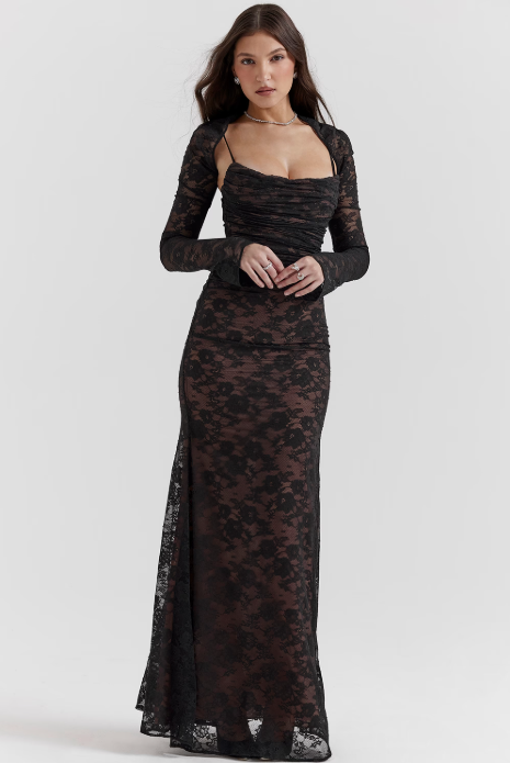 Floral Lace Overlay Long Sleeve Ruched Scoop Neck Column Maxi Gown