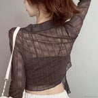 See Through Long Sleeve Turn-down Collar Blouse