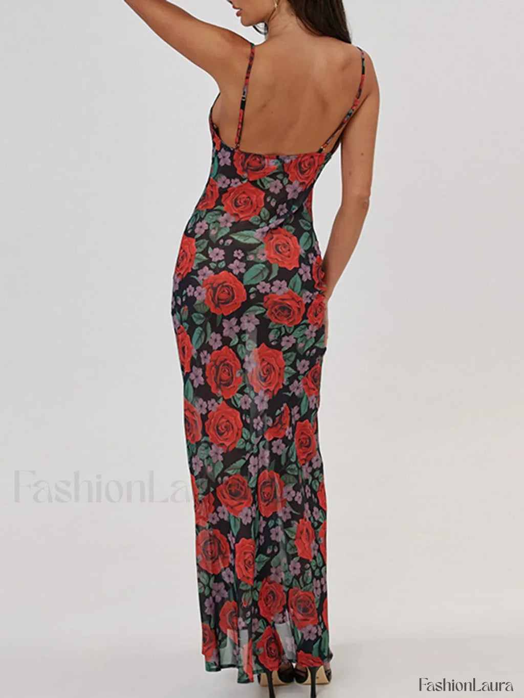 Red Semi-sheer Floral Print Cami Long Dress