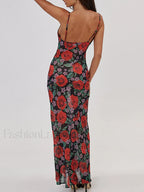 Red Semi-sheer Floral Print Cami Long Dress