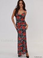 Semi-Sheer Floral Print Cami Long Dress